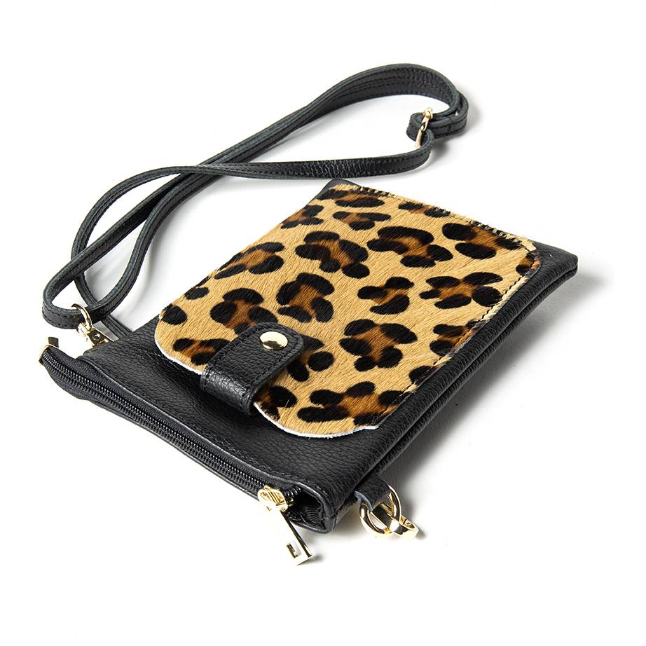 Laura Di Maggio TINY – Porta cellulare in pelle dollaro con cavallino stampa leopardata nero Vendita Economica