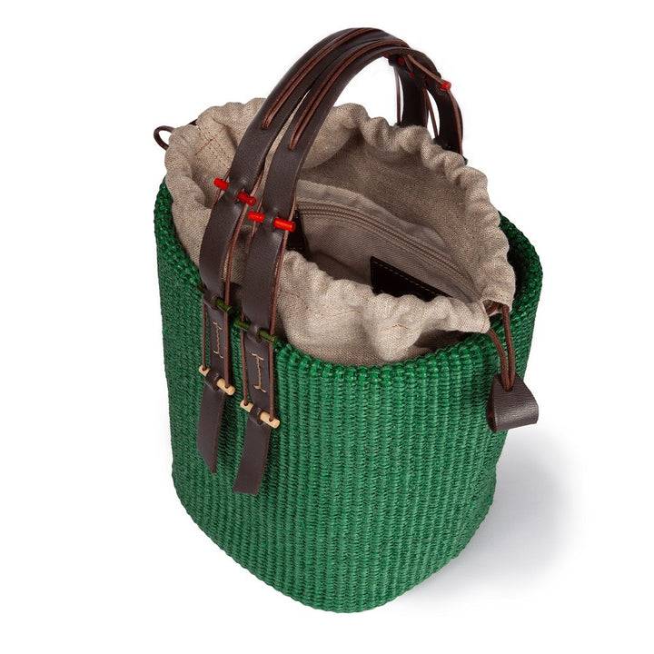Roberta Gandolfi Fernanda Bucket in rafia con finiture in pelle di vitello con tracolla staccabile Pezzi Unici