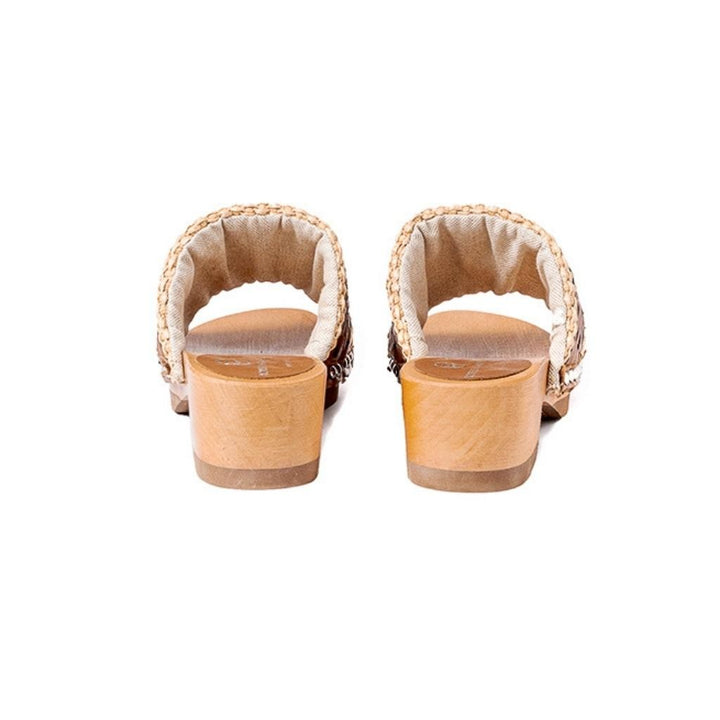 Roberta Gandolfi Sandalo Giulia platform in legno e tomaia in rafia e pelle di vitello laserata con disegno pizzo geometrico Presa