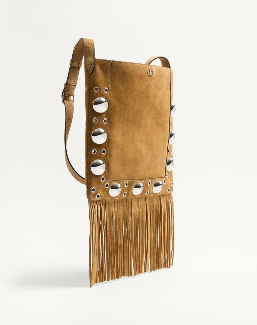 Valentino Handbags Borsa A Spalla Valentino Garavani Nellcôte In Suede Con Frange per Uomo in Havana Beige | Valentino IT Saldi Di Fabbrica