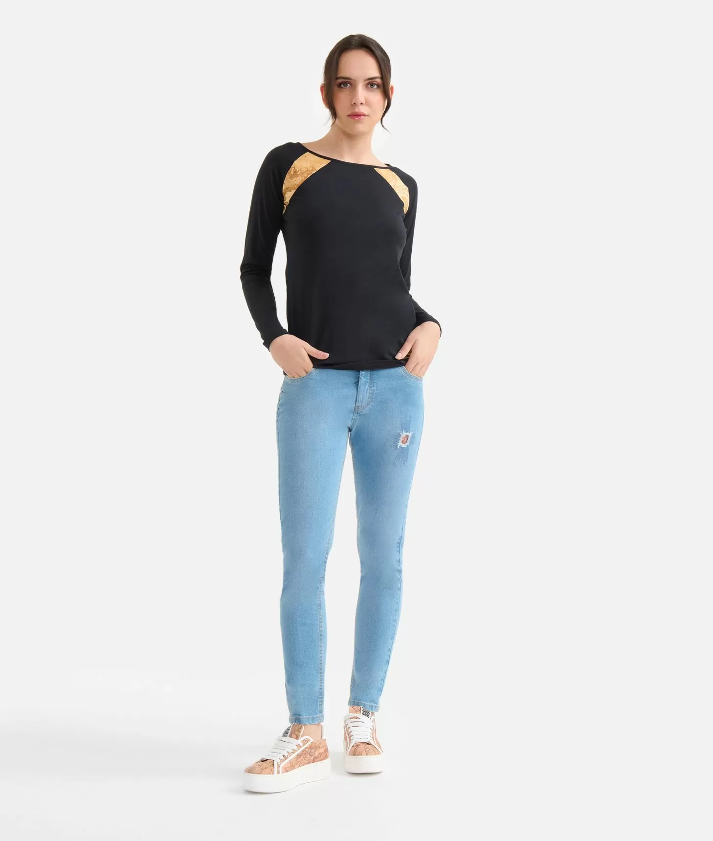 Alviero martini 1a classe T-shirt a maniche lunghe in jersey di cotone stretch con spicchi Geo Classic Nera Offerta